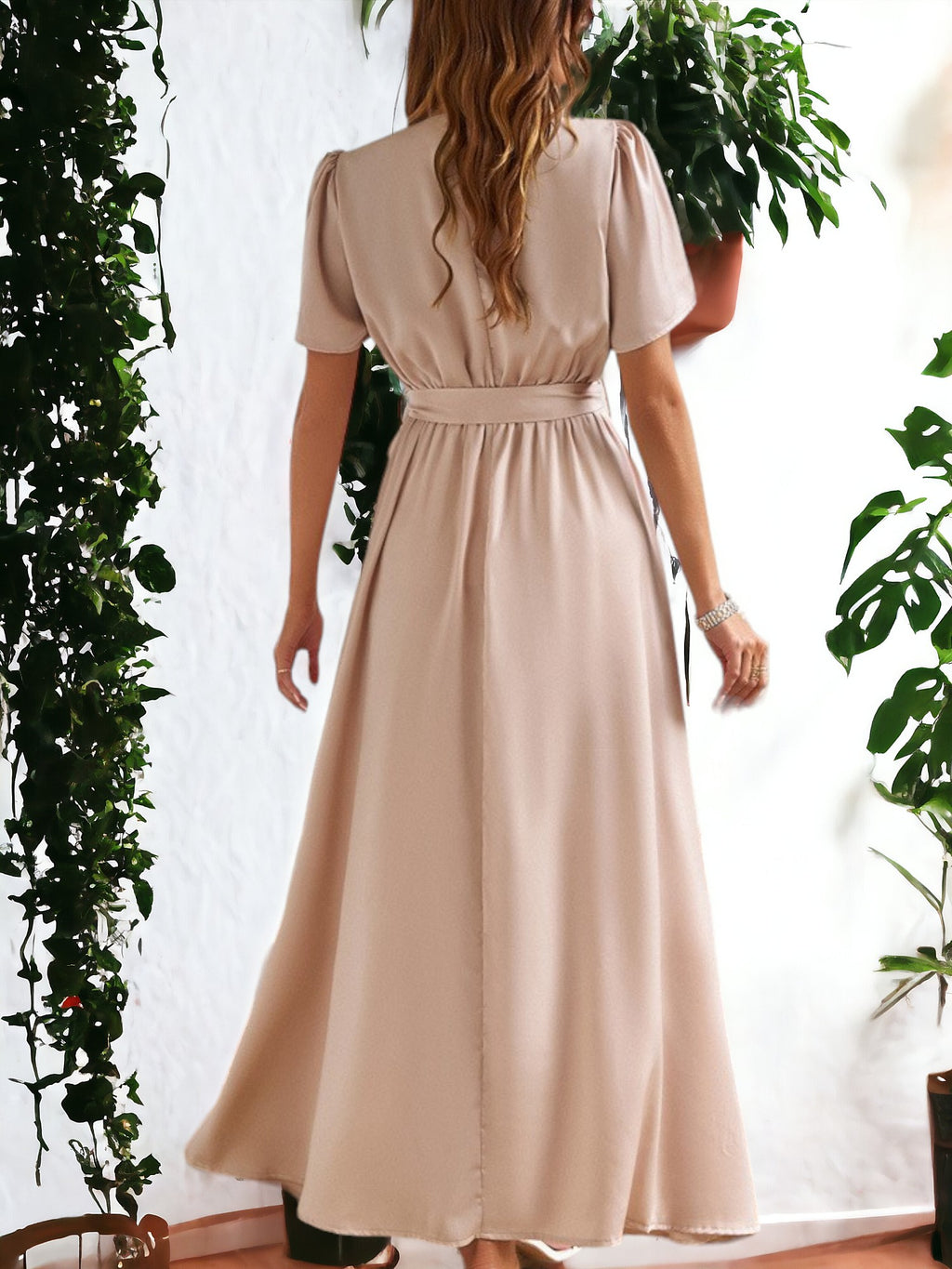 Vestido elegante con abertura alta y lazo en la cintura y mangas abullonadas para mujer