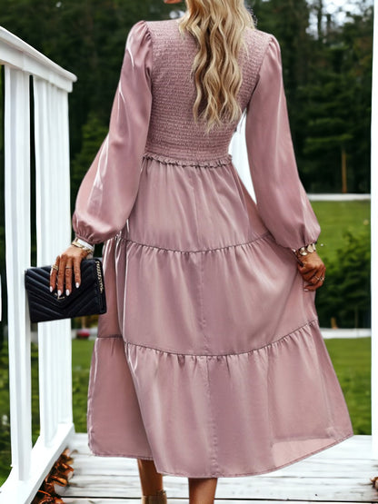 Shirred V Neck Tiered Dress