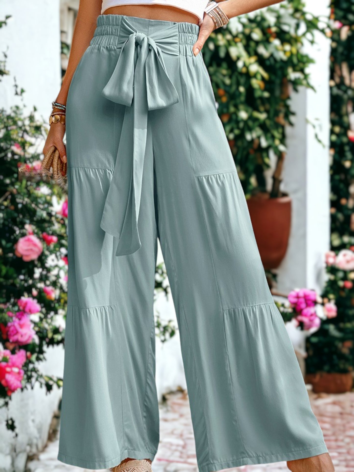 Tie Waist Tiered Wide Leg Pants