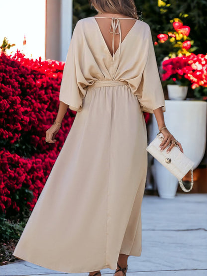 Vestido largo holgado con abertura y cintura alta con escote en V elegante para mujer