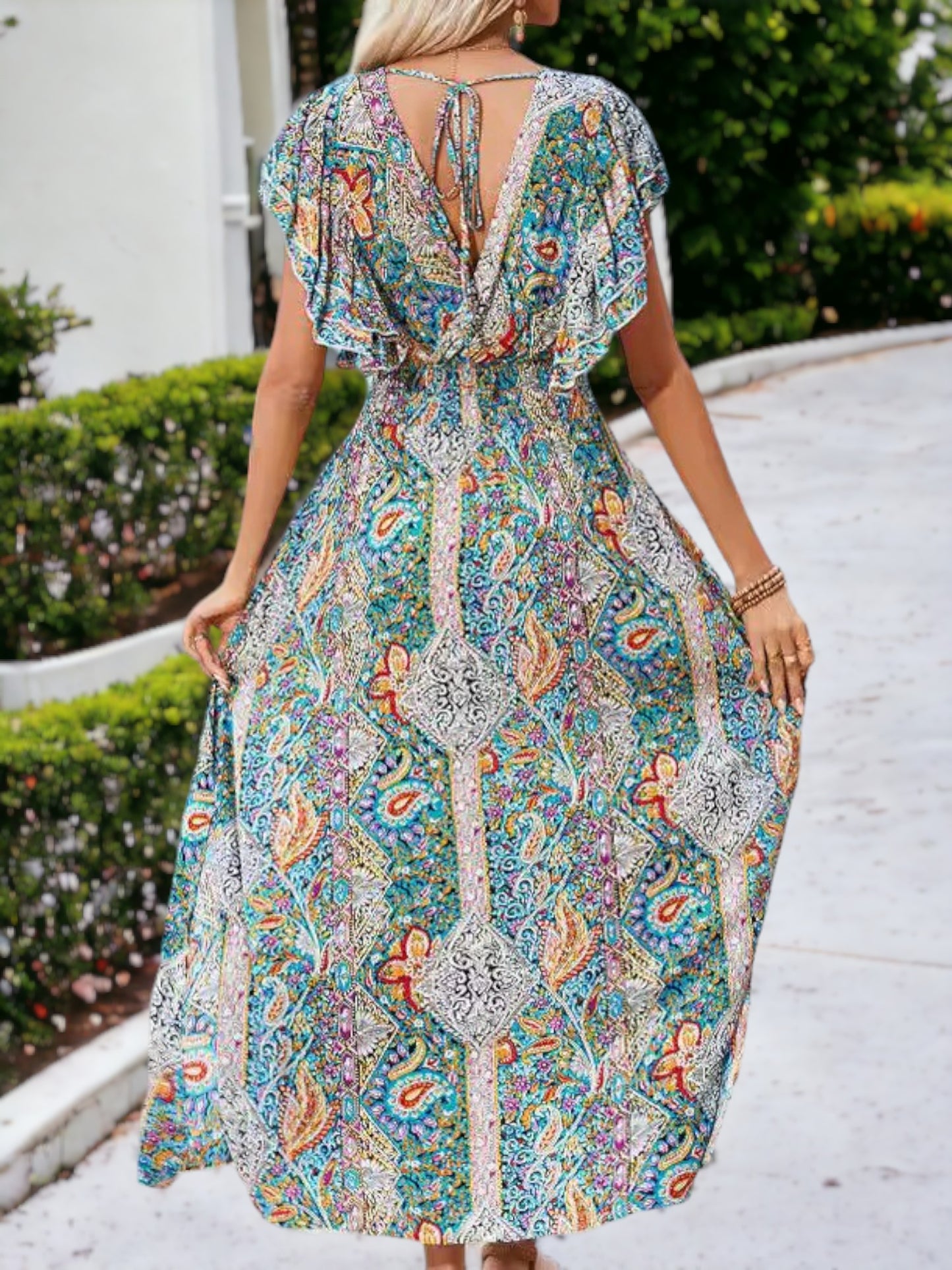 Summer V-Neck Floral With Chiffons Ruffle Sleeves Tied Back Maxi Dress