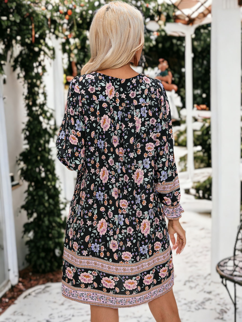 Boho Paisley Floral Print Knotted V-Neck Long Sleeve Dress
