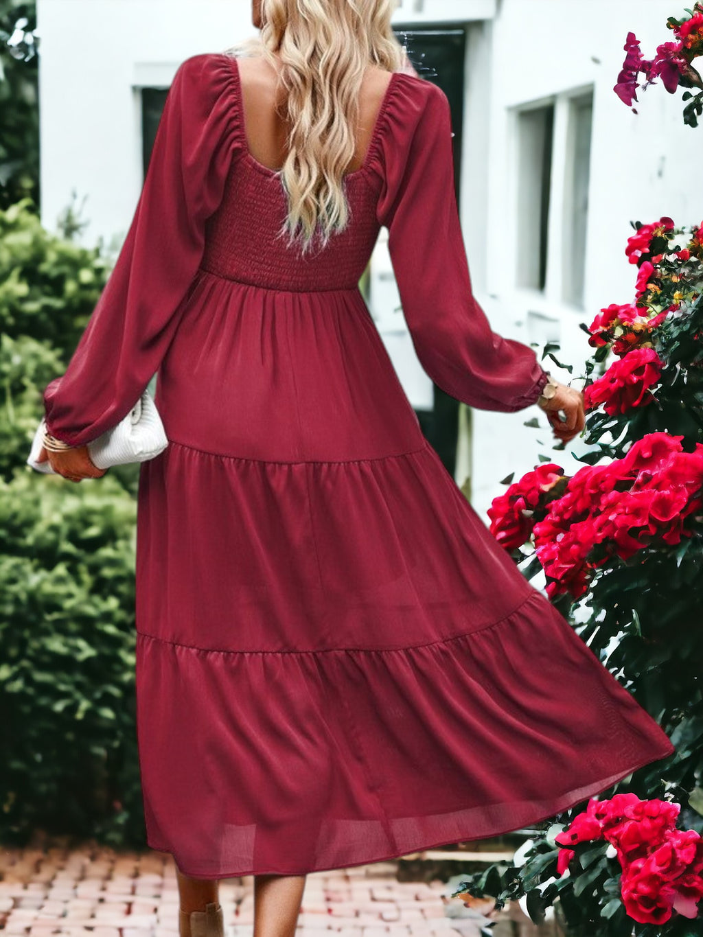 Vestido midi con escote cuadrado y mangas de obispo