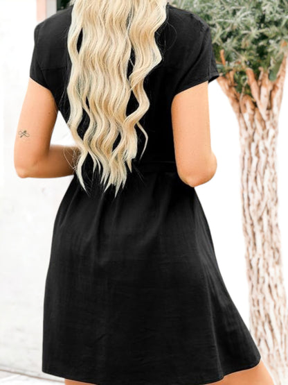 Button Down Dolman Sleeve Detailed Belted Shirt Tunic Dress