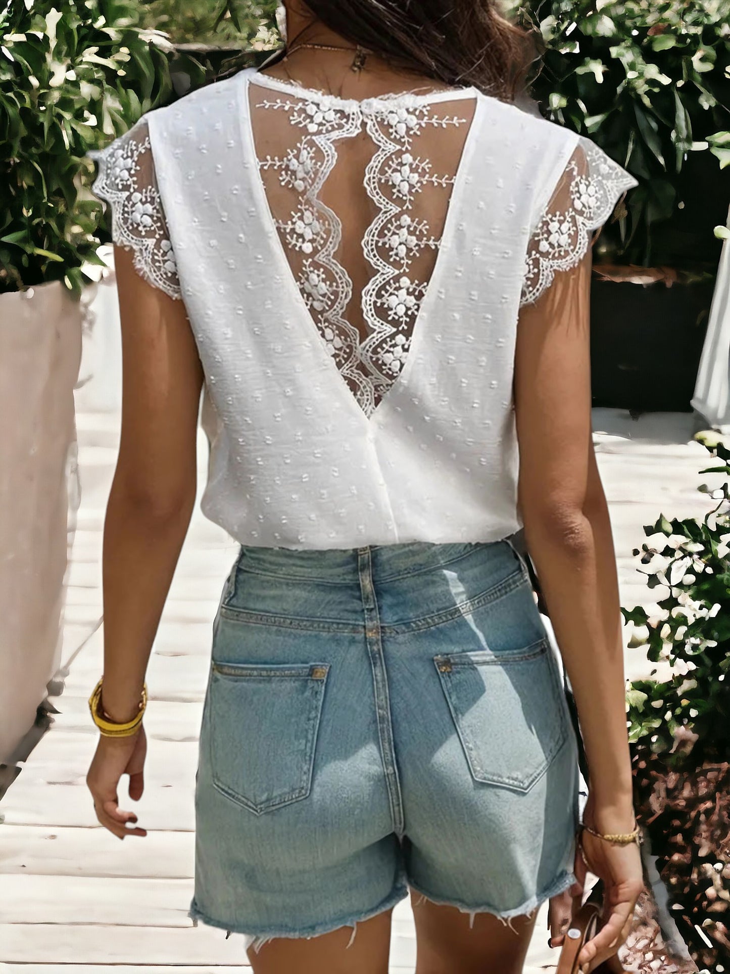 V-Neck Ruffle Sleeve With Lace Detailed Sleeve And Back Blouse