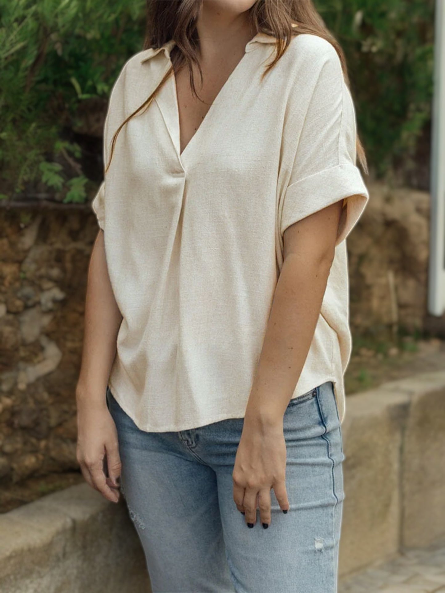 Short Sleeve V-Neck Blouse with Rolled Cuffs and Relaxed Fit