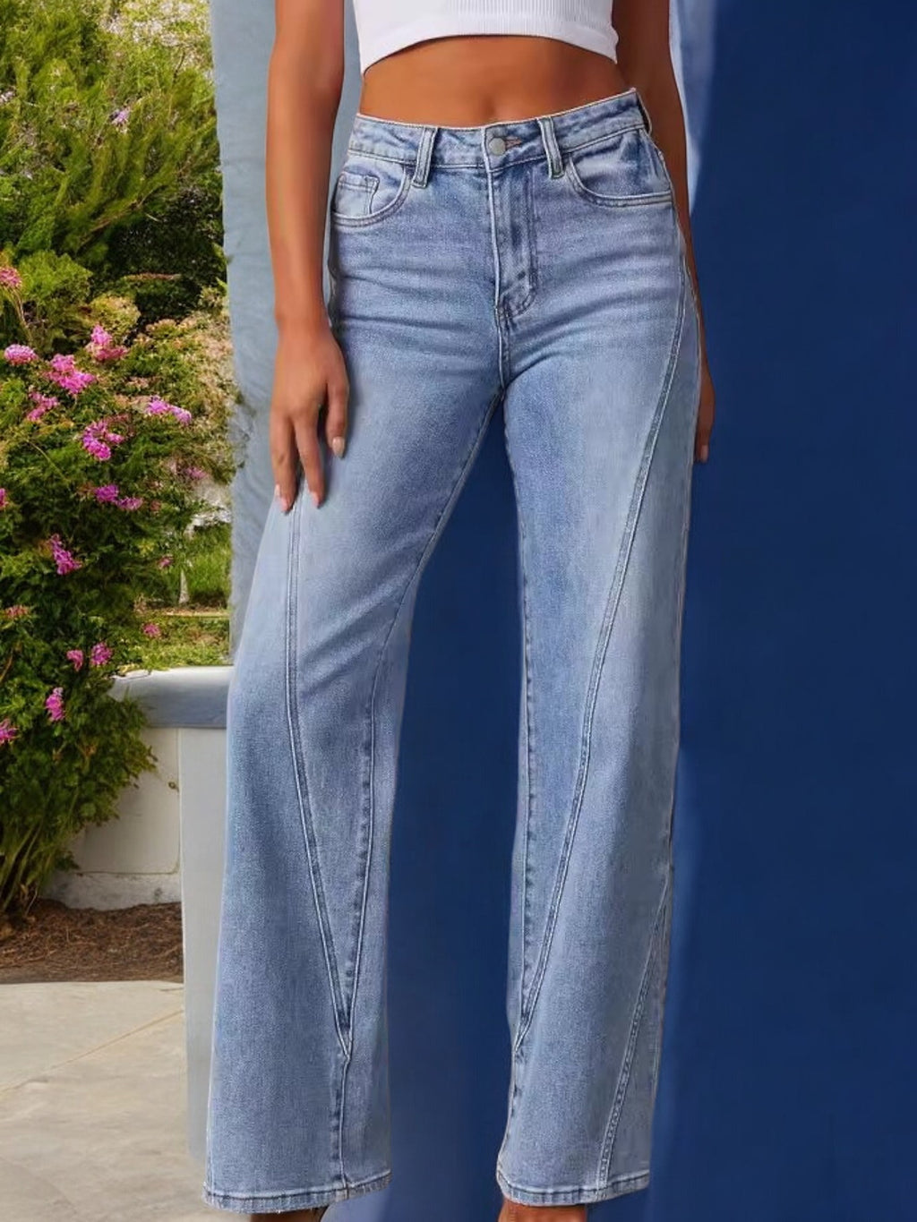 Anna-Kaci Women's High Waist Wide Leg Jeans with Seaming Detail