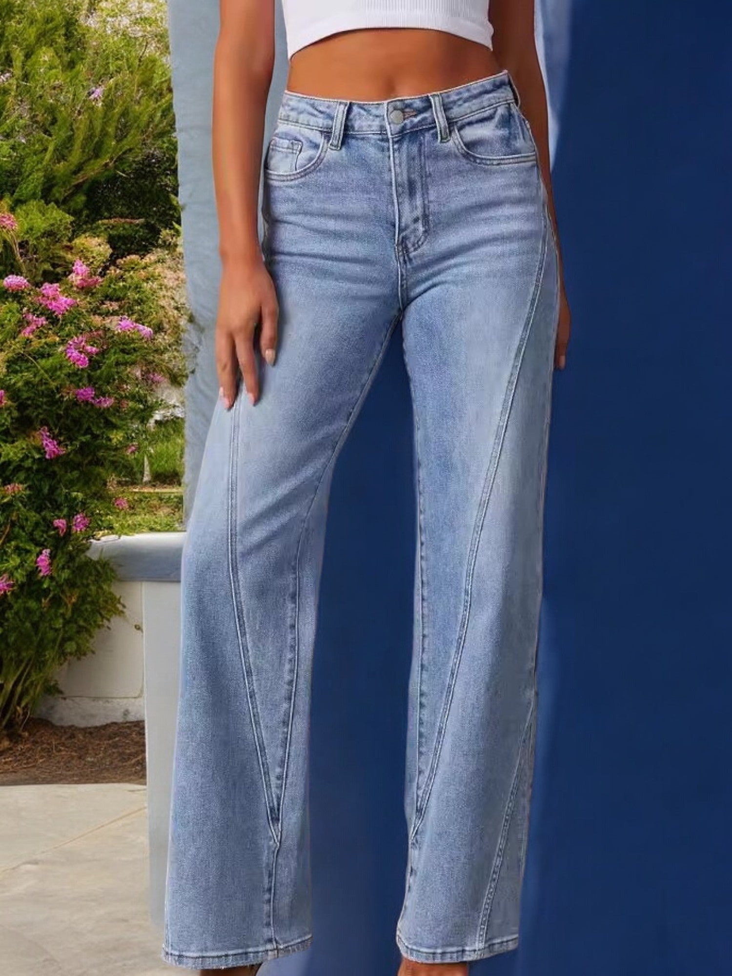 Anna-Kaci Women's High Waist Wide Leg Jeans with Seaming Detail