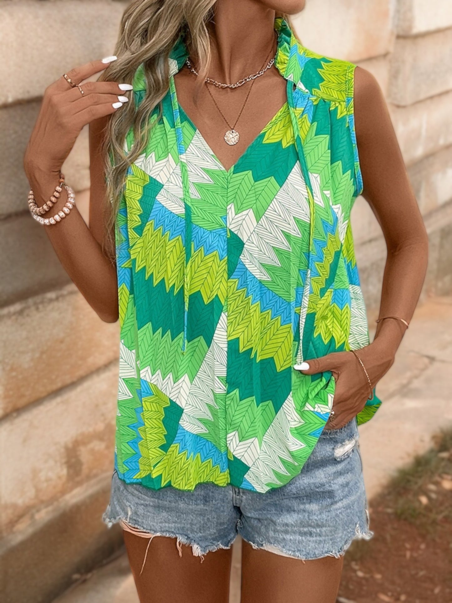 Sleeveless Printed Top with Keyhole Tie Neck and Chevron Pattern