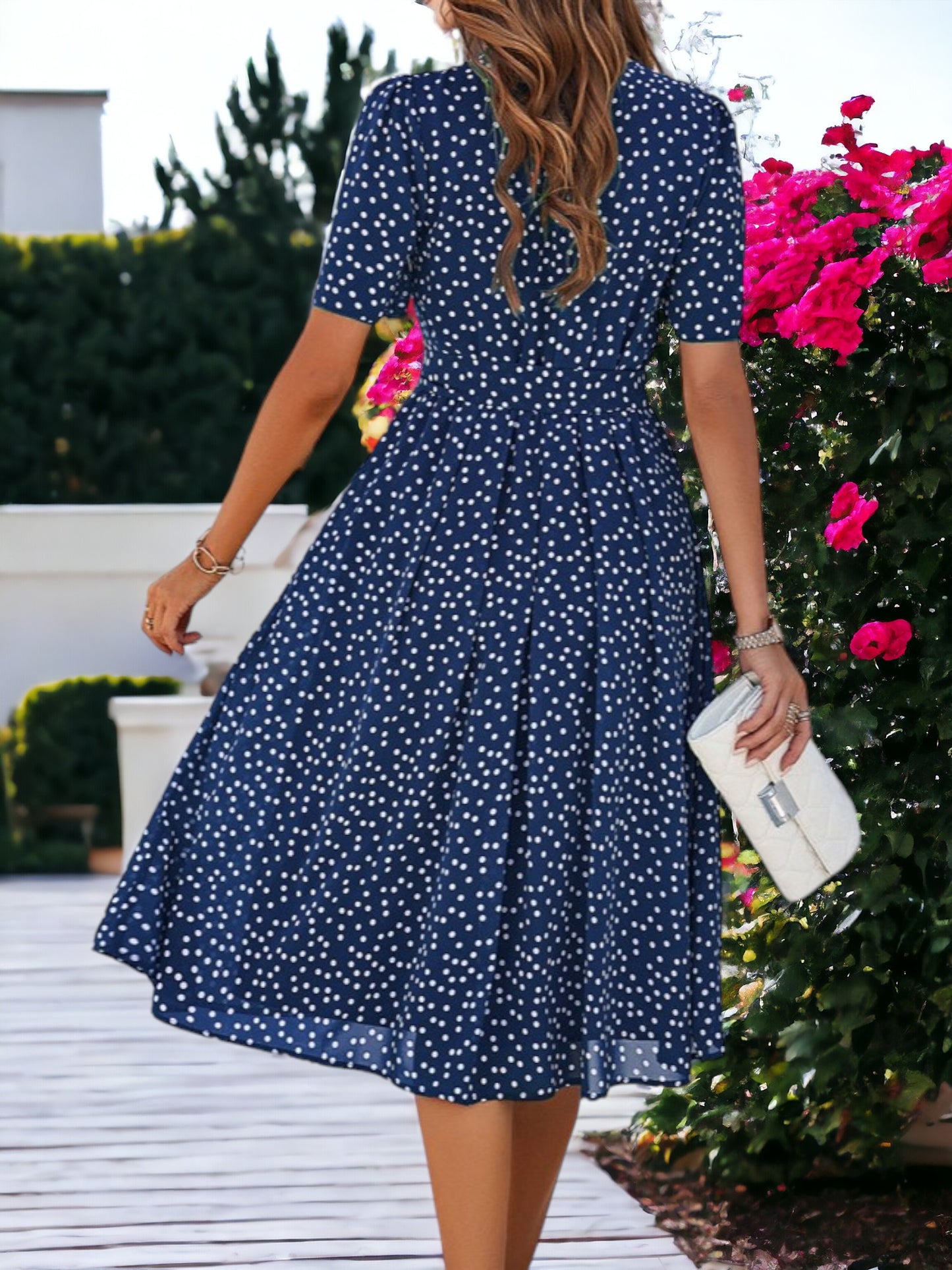 Printed Round Neck Short Sleeved Waist Tie Dress