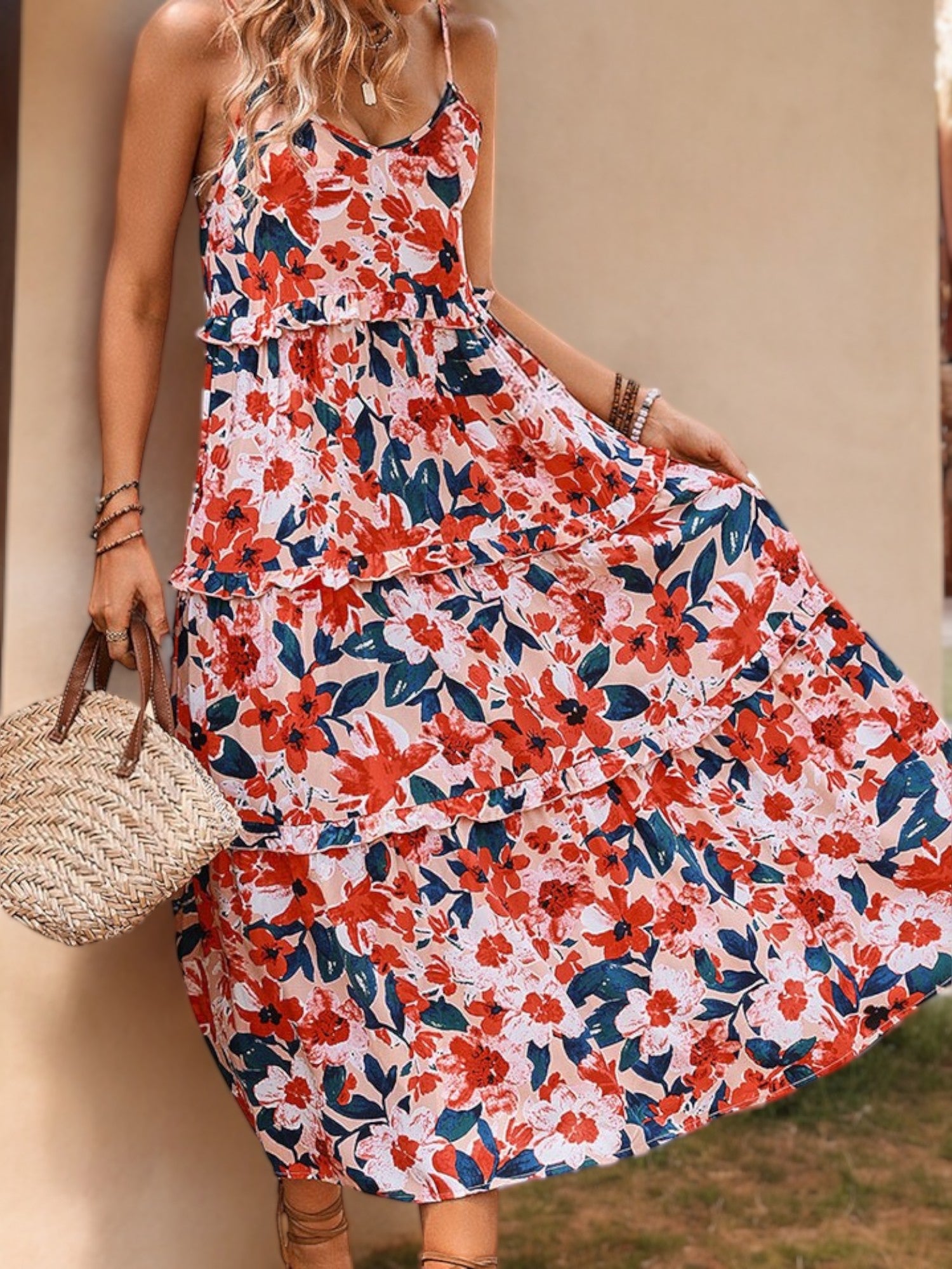 Spaghetti Strap Floral Print Midi Dress with Tiered Skirt