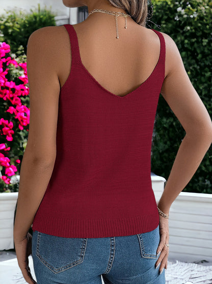V-Neck Hollow Metal Buckle Suspender Knitted Top