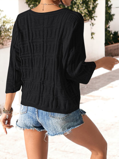 Loose Midi Sleeved Textured V-Neck Knit Top
