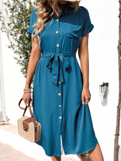 Buttoned Collared Cuffed Sleeve Tie Waist Shirt Midi Dress