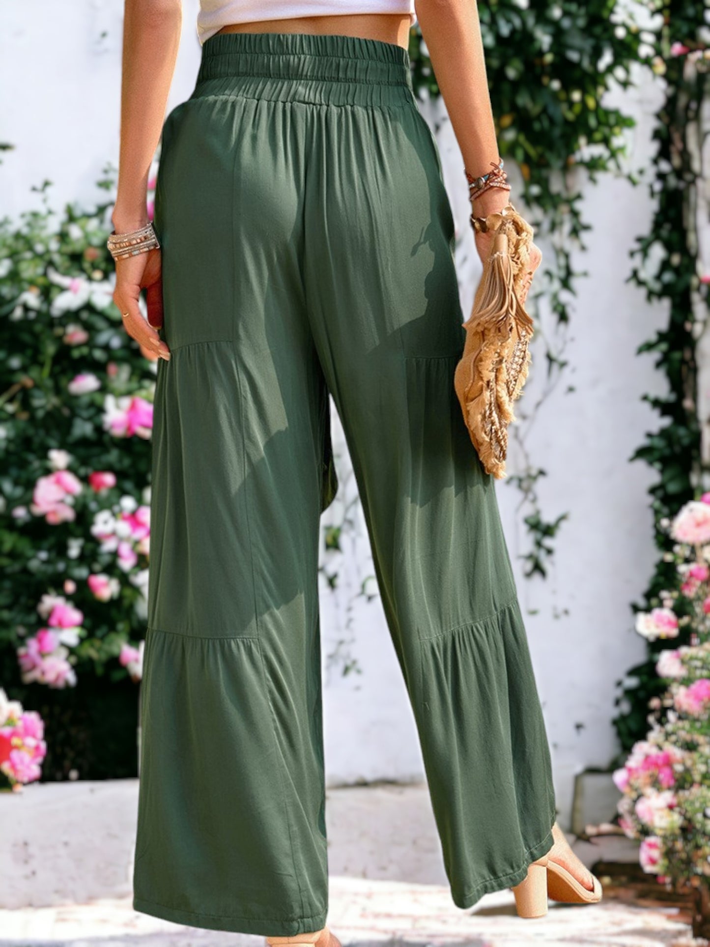 Tie Waist Tiered Wide Leg Pants