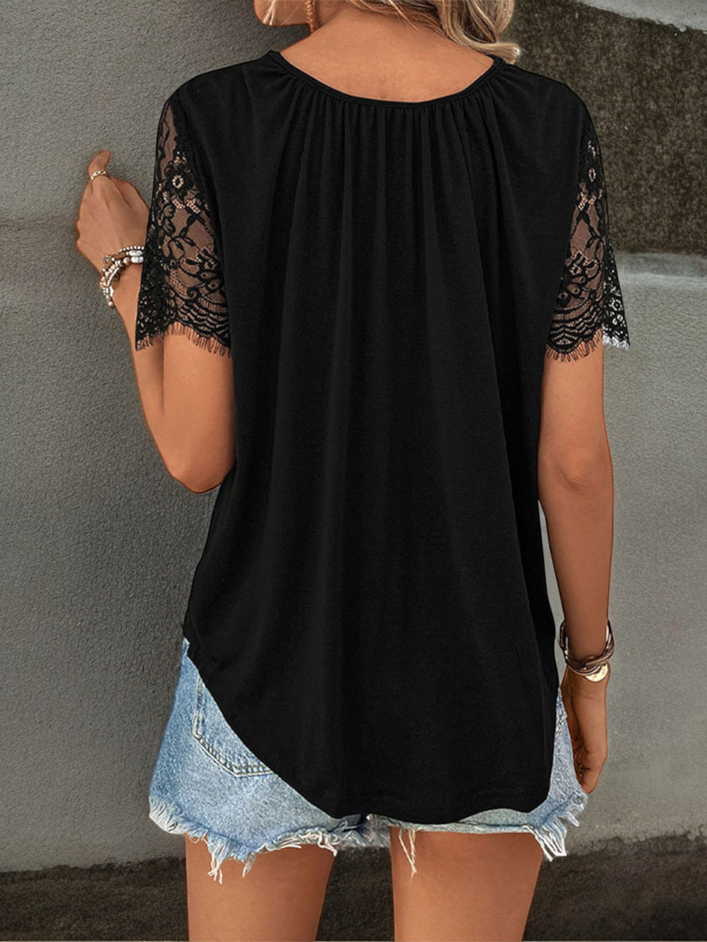 Short Sleeve Lace Top with Crisscross V-Neck Design and Relaxed Fit