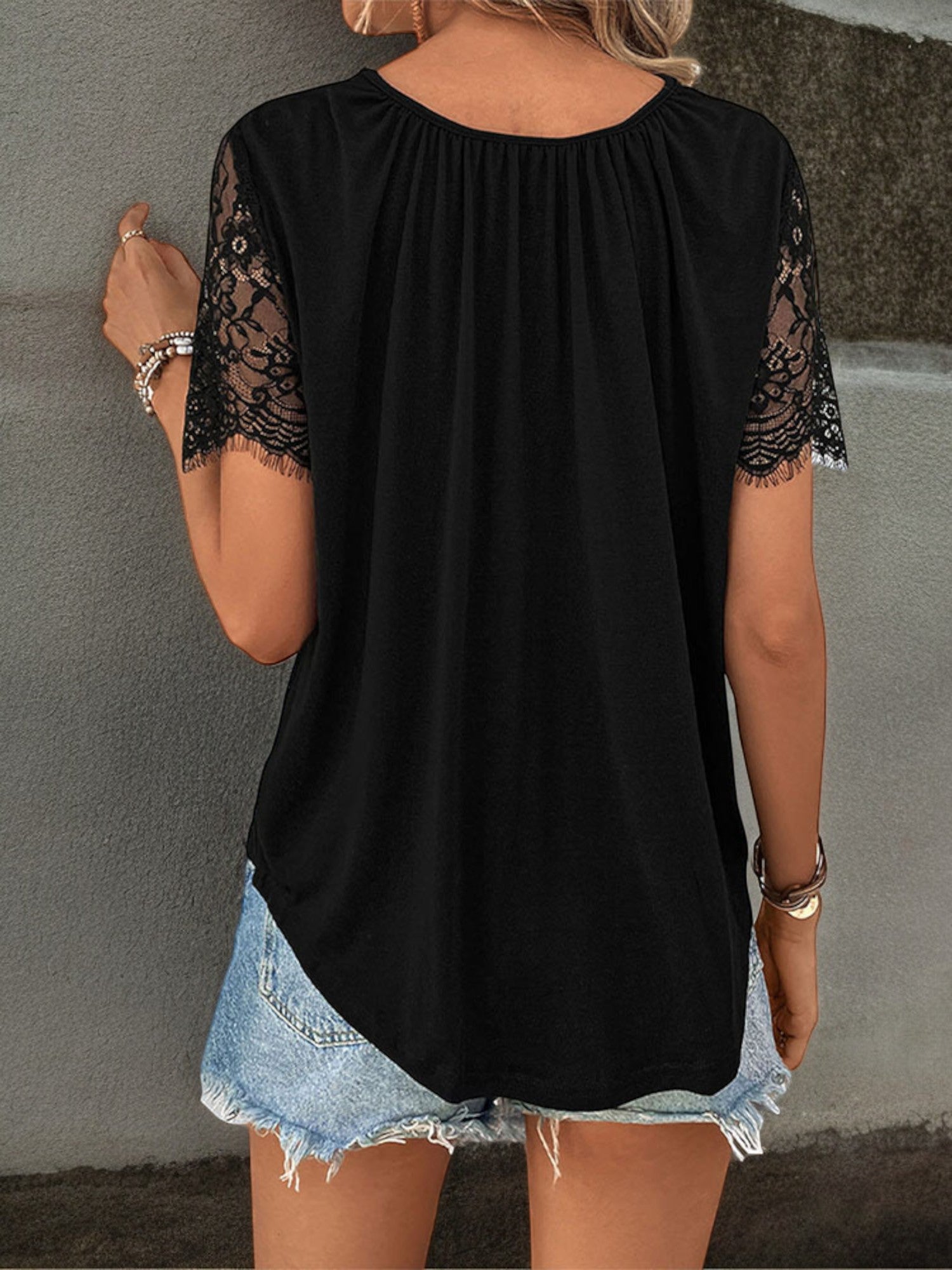 Short Sleeve Lace Top with Crisscross V-Neck Design and Relaxed Fit