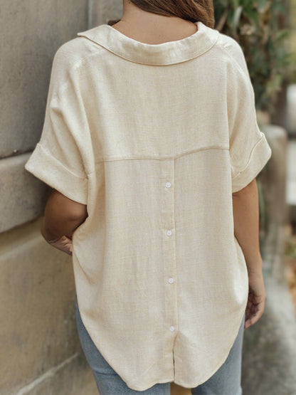 Short Sleeve V-Neck Blouse with Rolled Cuffs and Relaxed Fit