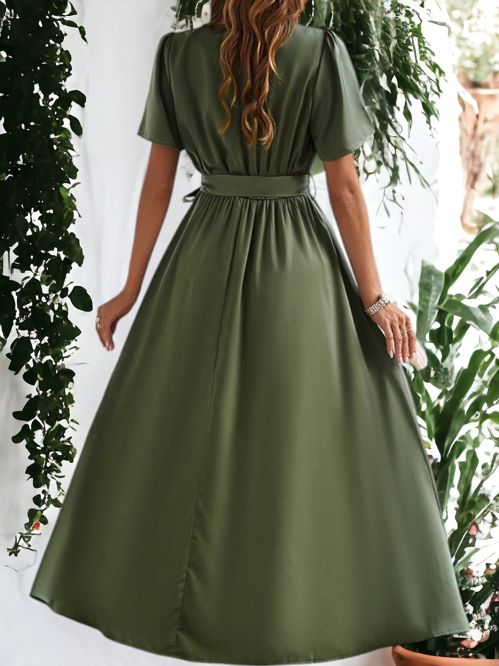 Vestido elegante con abertura alta y lazo en la cintura y mangas abullonadas para mujer