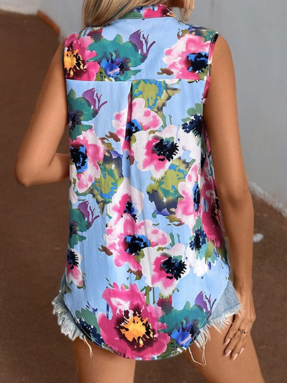 Sleeveless Floral Print Blouse with Button-Up Front and Collar