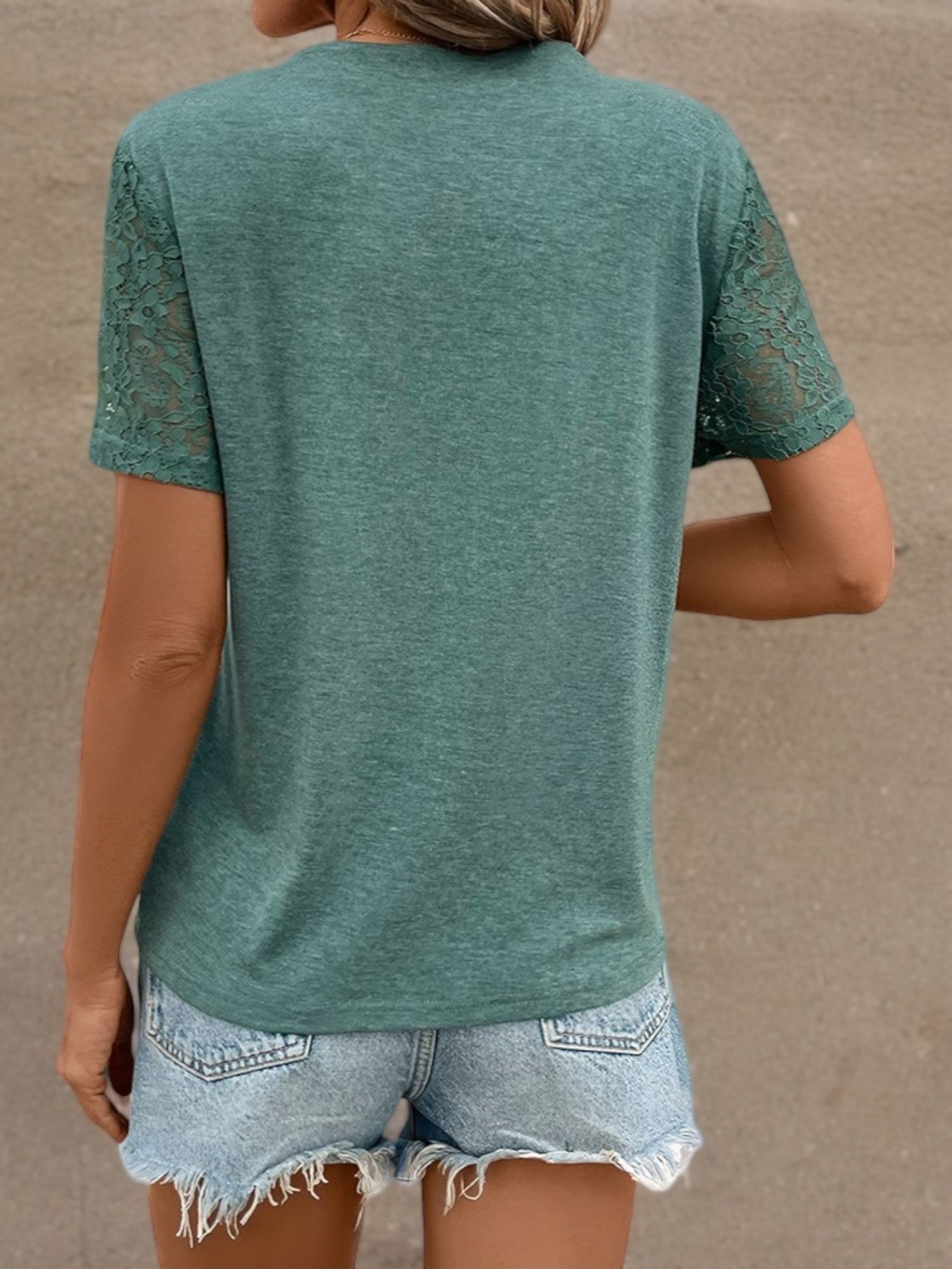Short Sleeve Lace Panel Blouse with V-Neck and Pleated Detail