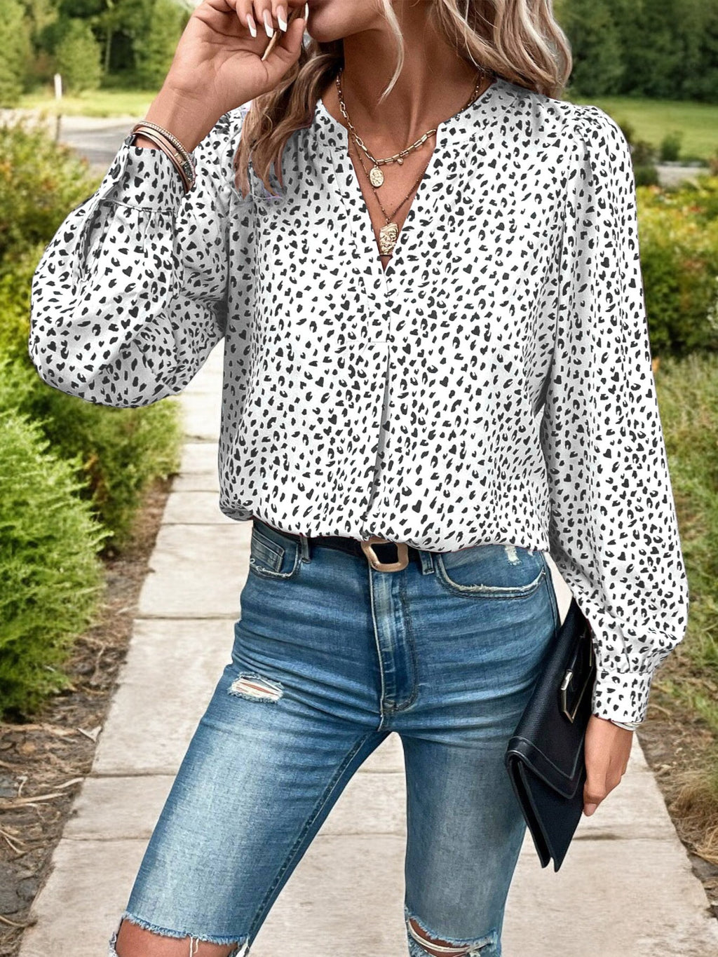 Anna-Kaci Women's Long Sleeve High Neck Blouse with Geometric Print