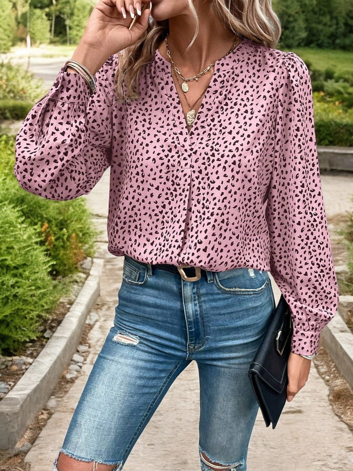 Anna-Kaci Women's Long Sleeve High Neck Blouse with Geometric Print