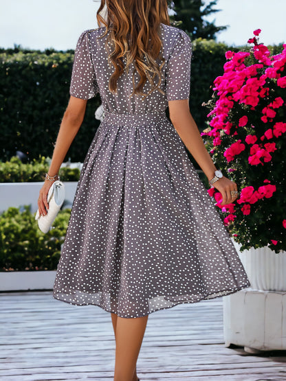 Printed Round Neck Short Sleeved Waist Tie Dress