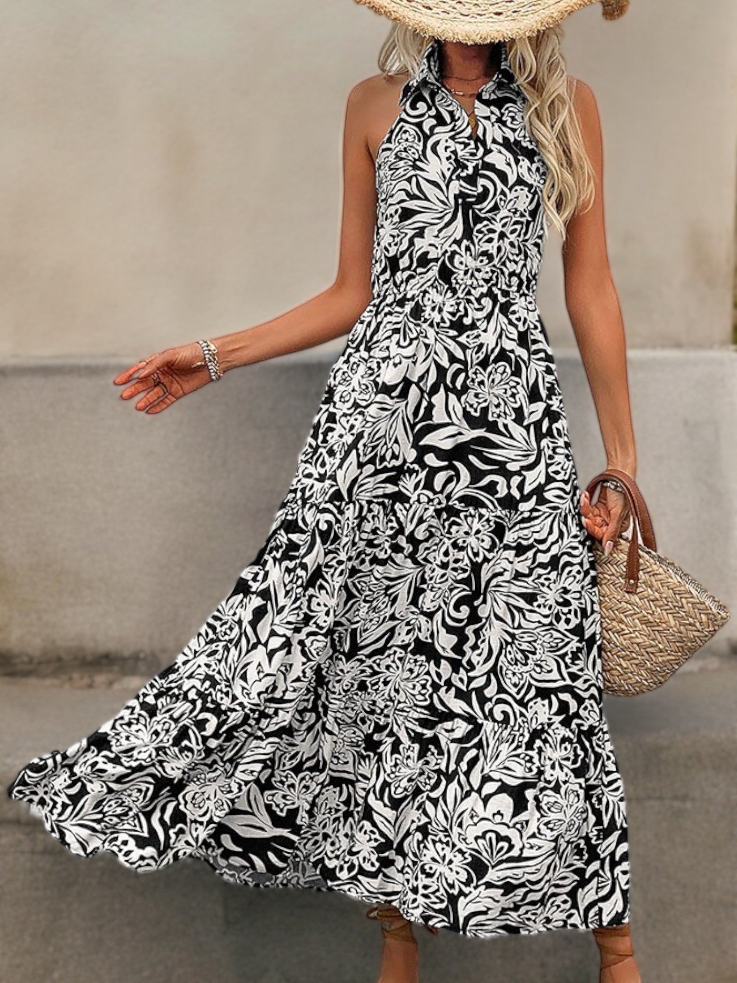 Halter Neck Maxi Dress with Black and White Floral Print