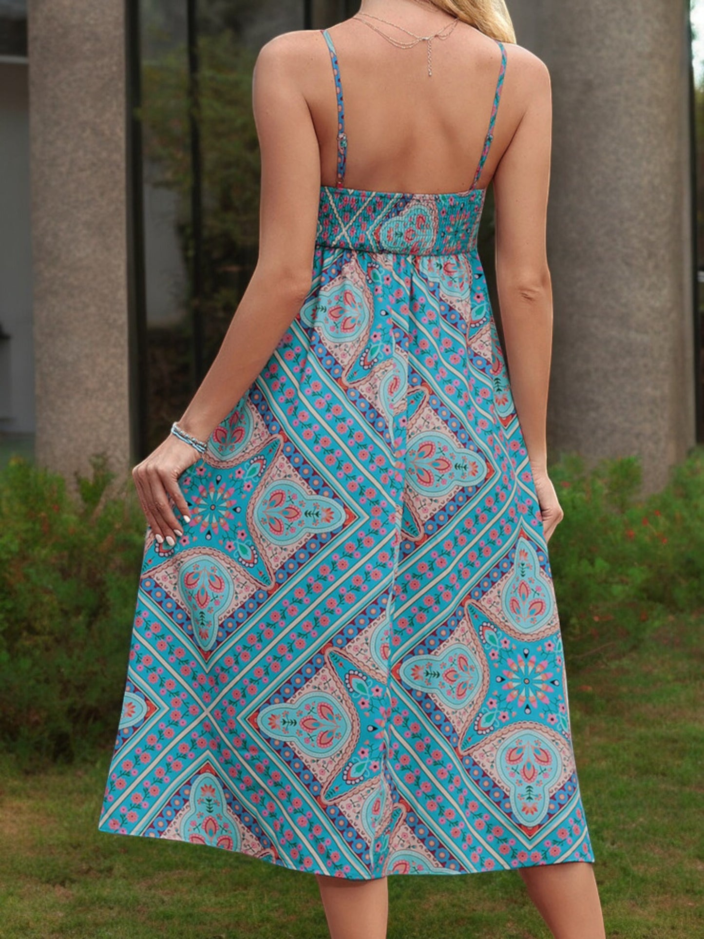 Spaghetti Strap Midi Dress with Geometric Print and Flowy Fit