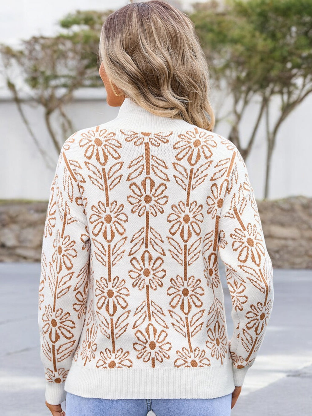 Anna-Kaci Women's Mock Neck Long Sleeve Floral Pattern Knit Sweater