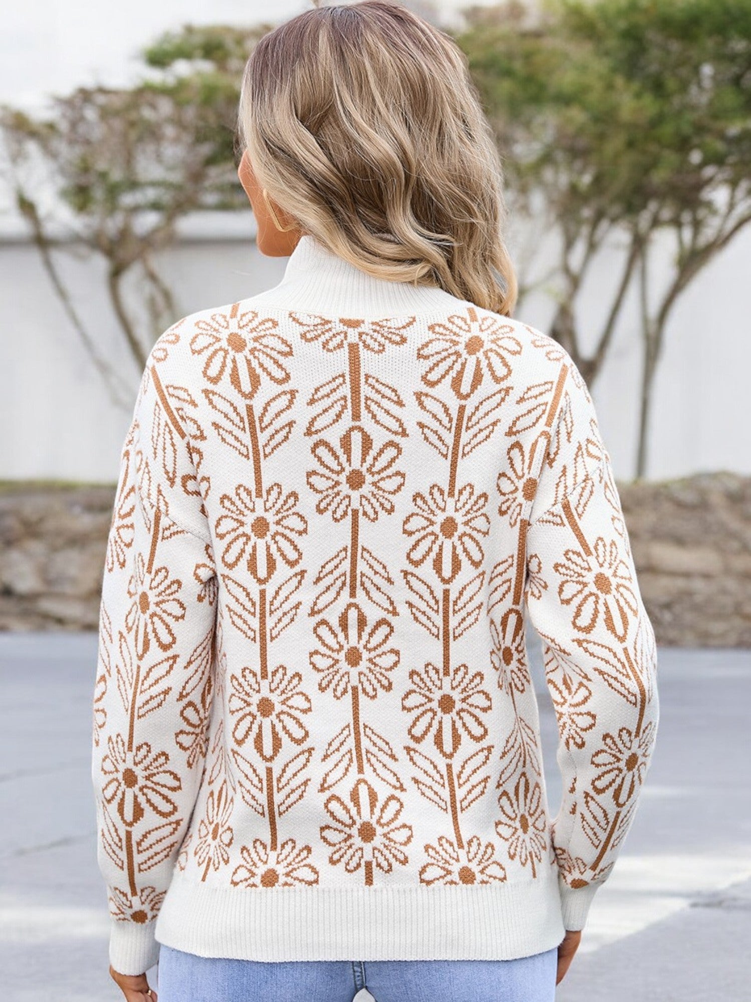 Anna-Kaci Women's Mock Neck Long Sleeve Floral Pattern Knit Sweater