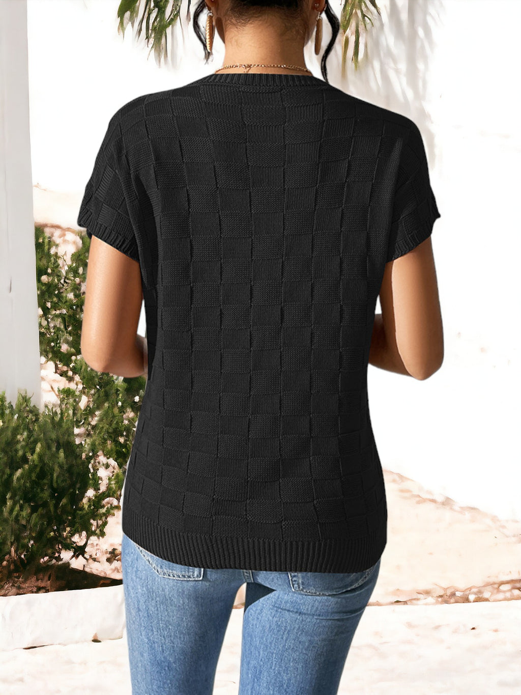 Camisa de cuello redondo con estampado de textura cuadrada de punto y detalle de bolsillo lateral