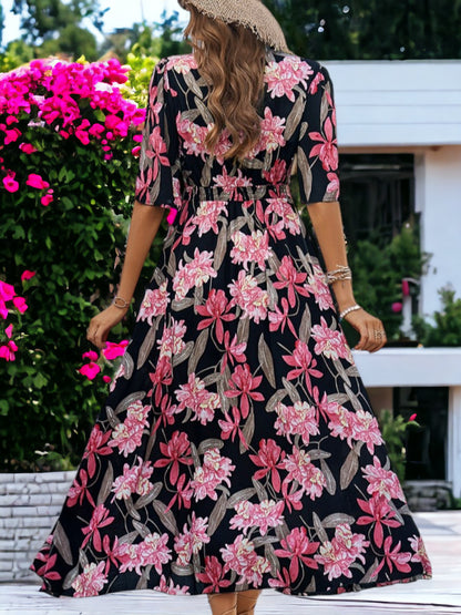 Medium Sleeved Button Detailed Floral Printed Maxi Dress