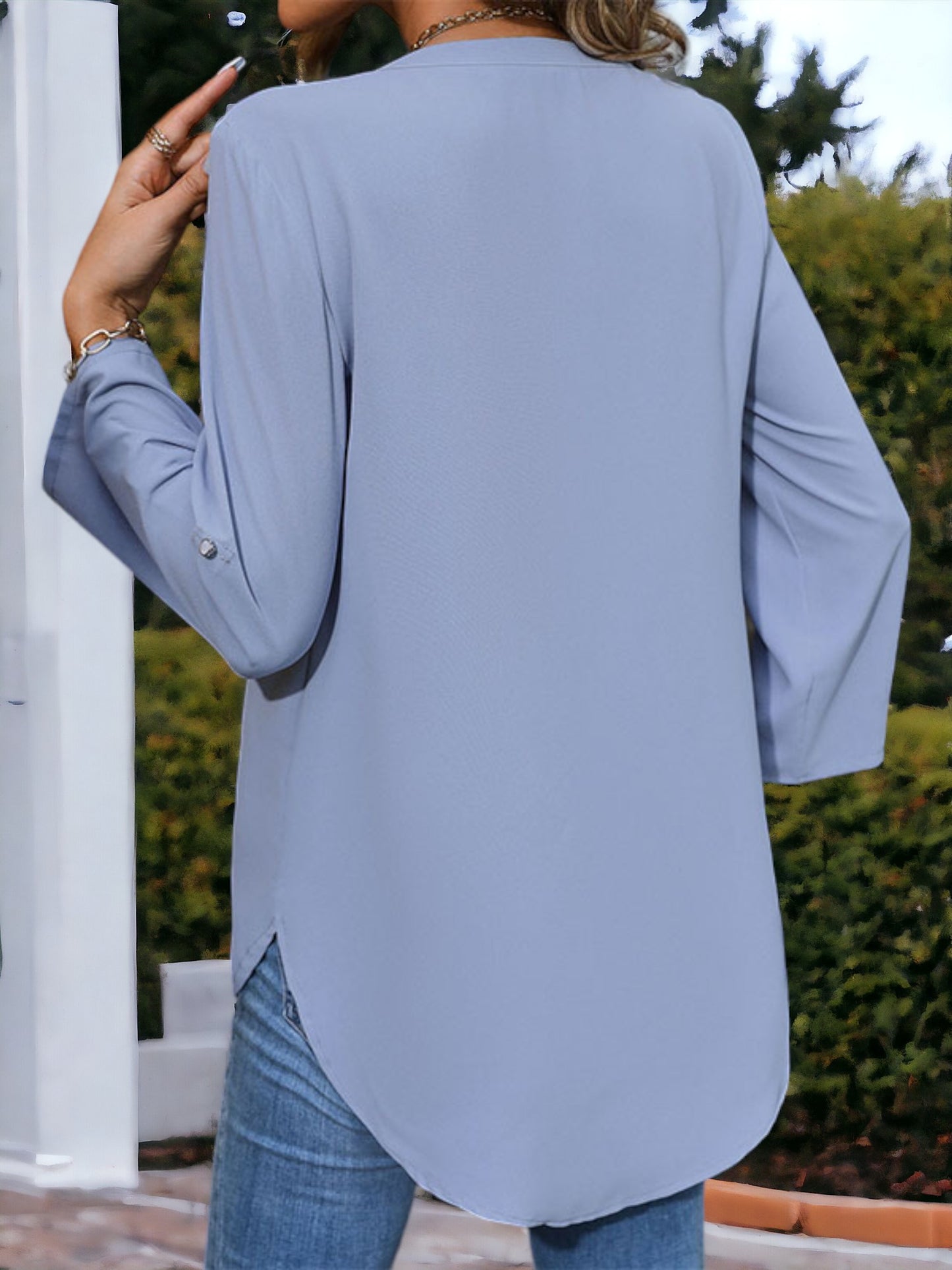 V-neck Button-Down Long Sleeve Pullover Shirt