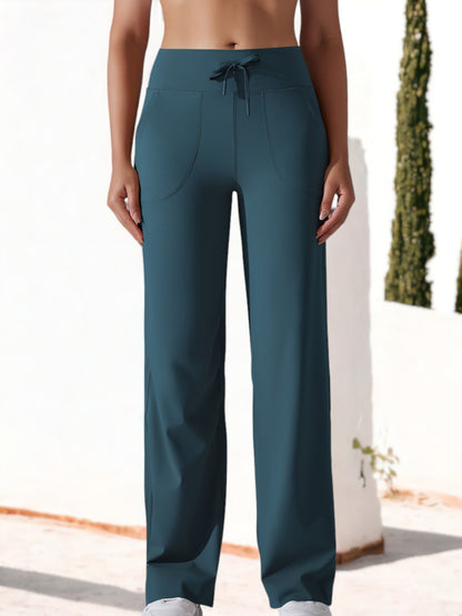 Pantalones de fitness de cintura alta y pierna ancha con cordón