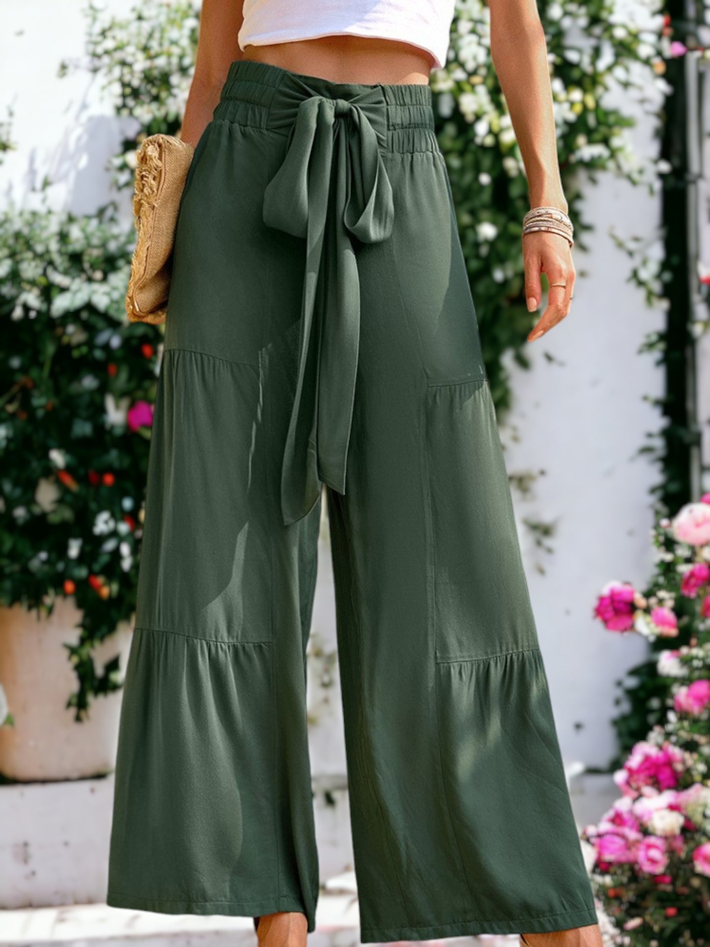 Tie Waist Tiered Wide Leg Pants