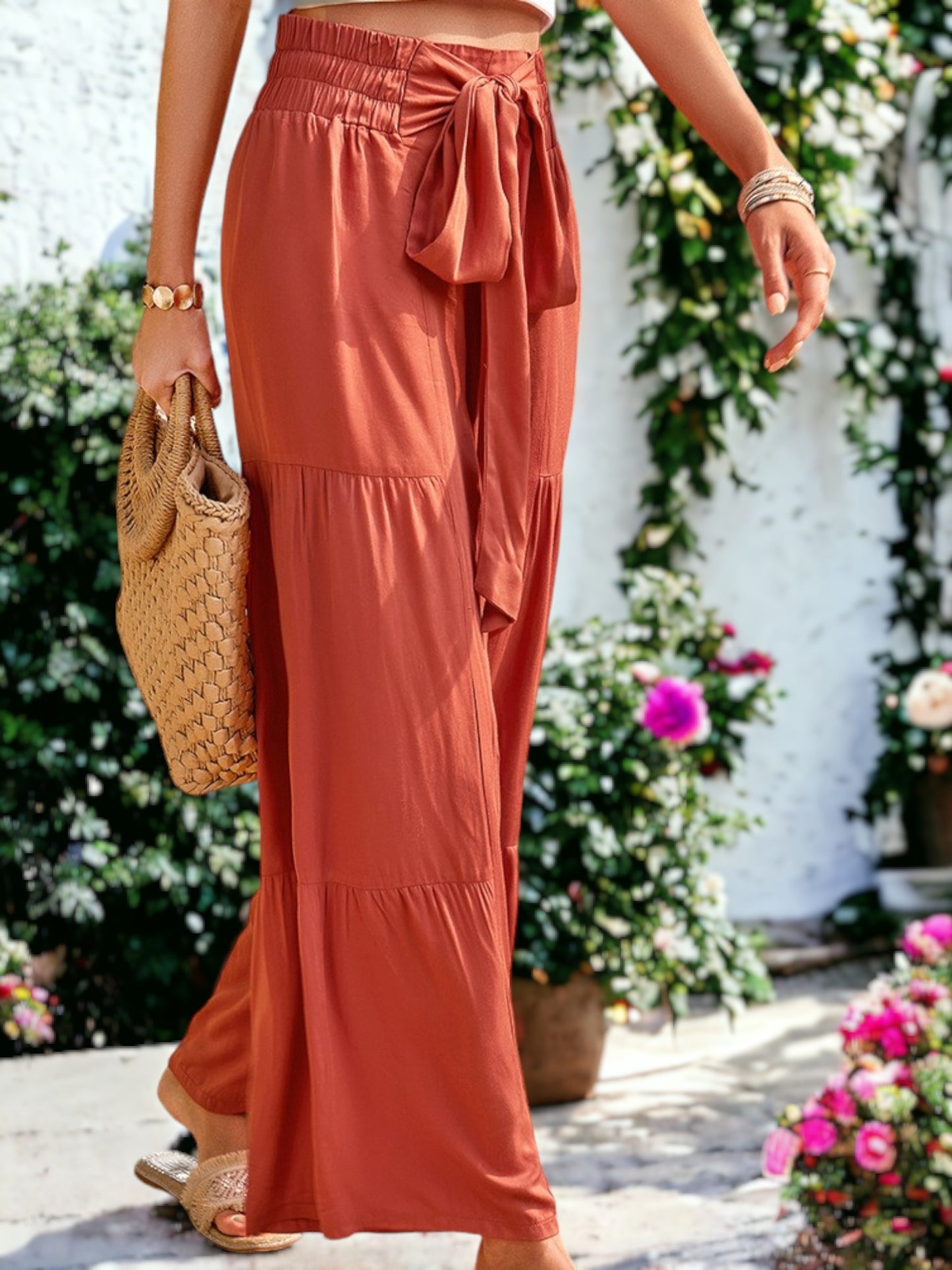 Tie Waist Tiered Wide Leg Pants