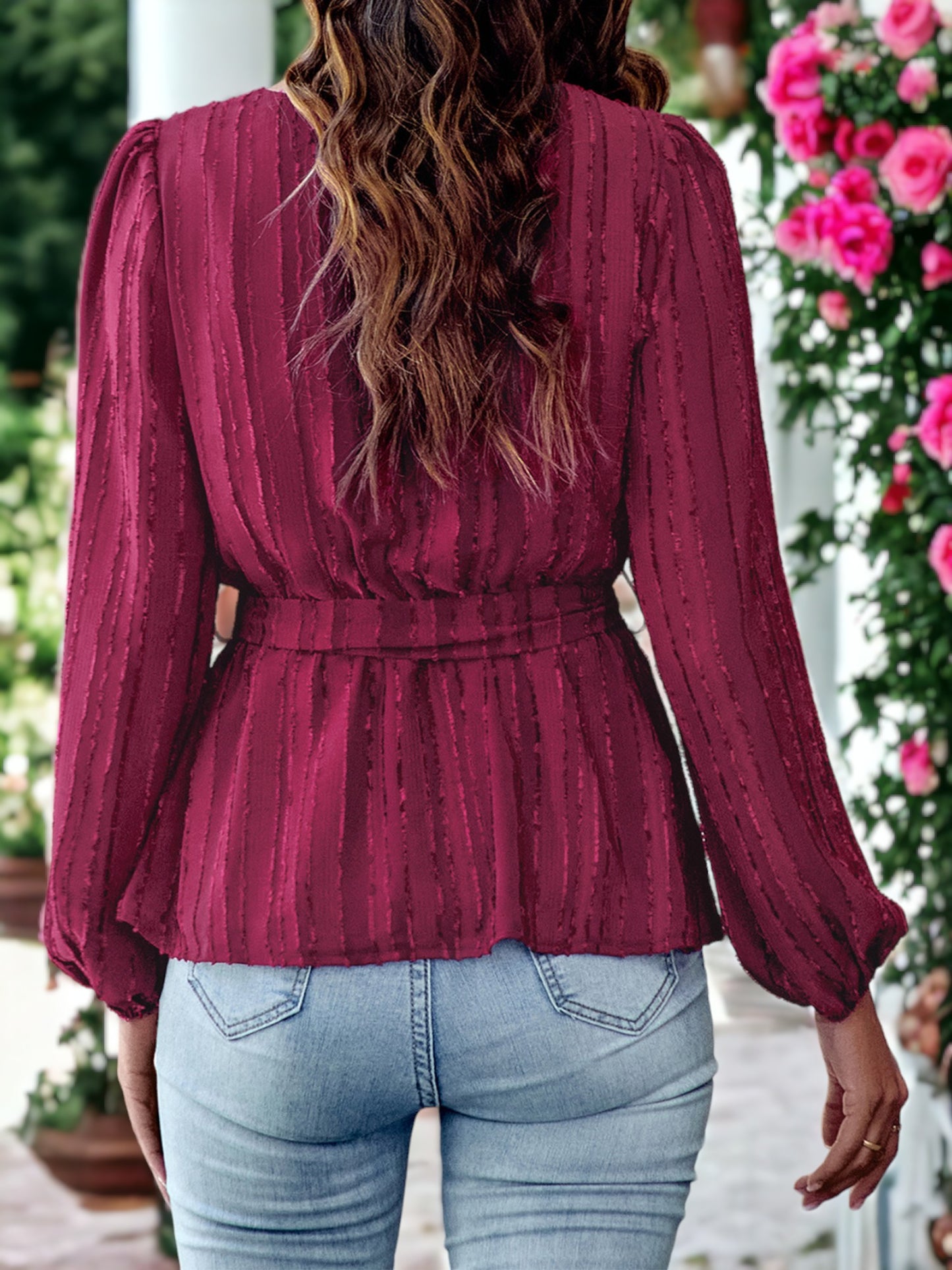 V Neck Textured Peplum Hem Long Sleeve Blouse