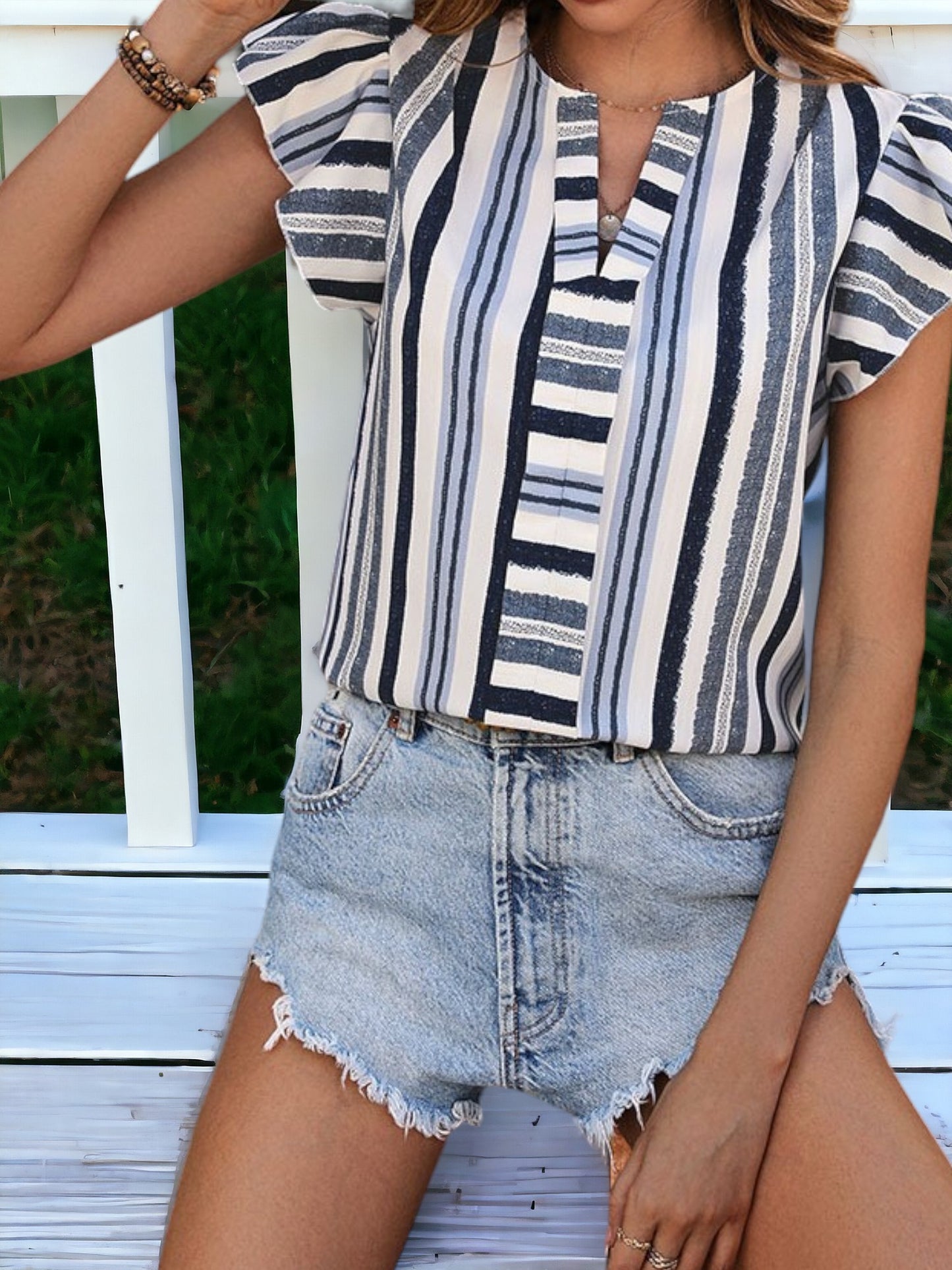 Striped Notched Collar and Ruffle Sleeved Shirt