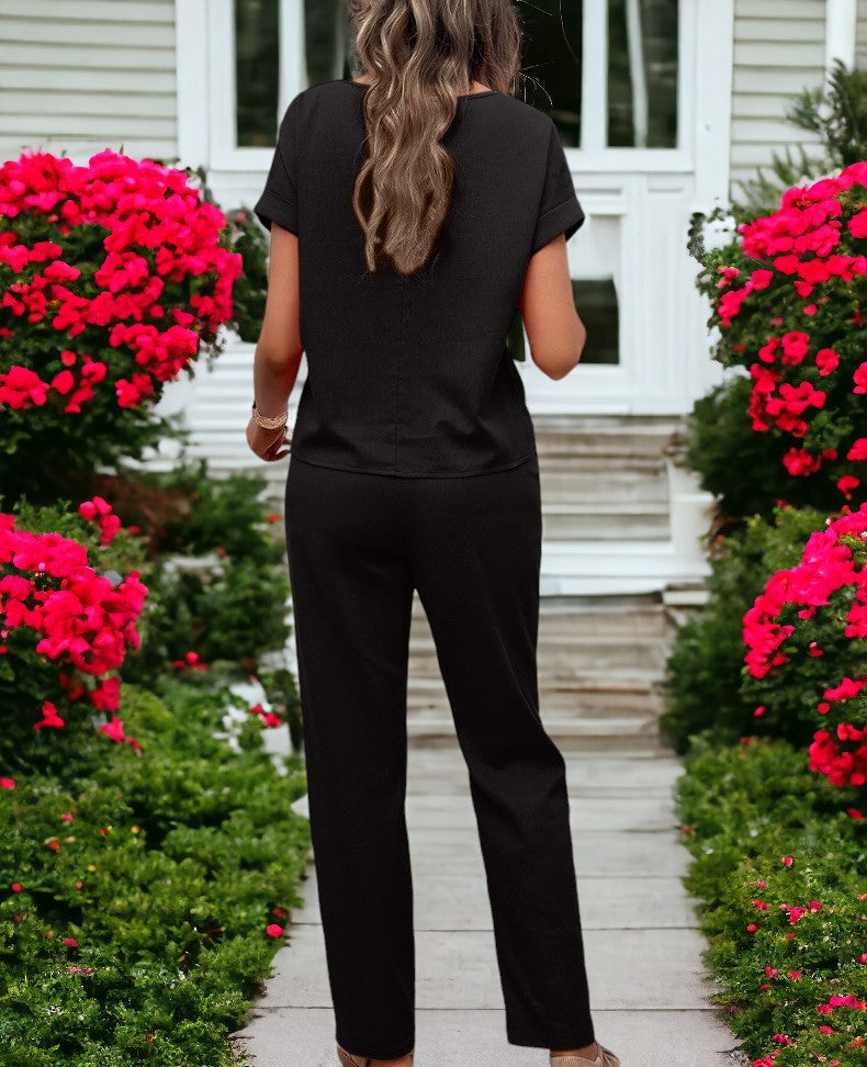 Women's Two Piece Set, Batwing Sleeve Patch Lace Top And Waist Tie Pants