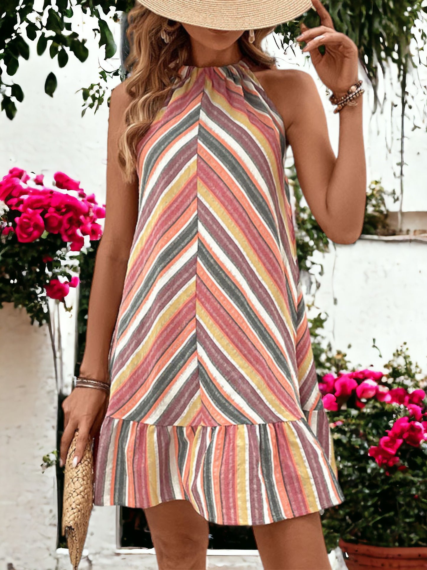 Striped Round Neck Sleeveless Mini Dress