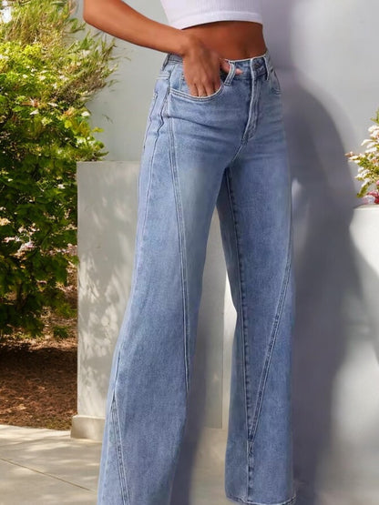 Anna-Kaci Women's High Waist Wide Leg Jeans with Seaming Detail