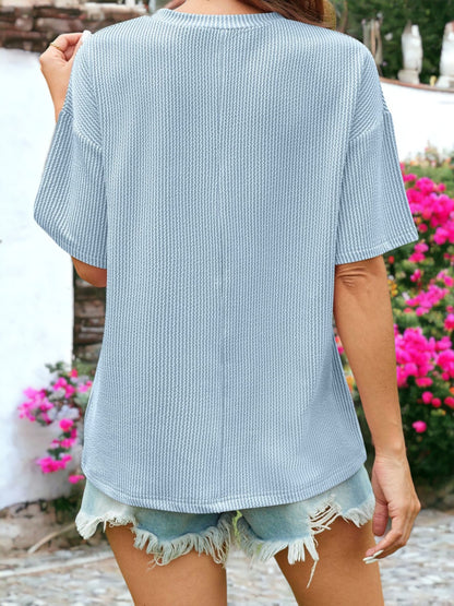 Rib Knit Textured Side Pocket Detailed T-Shirt Top