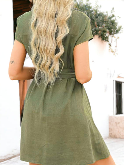 Button Down Dolman Sleeve Detailed Belted Shirt Tunic Dress