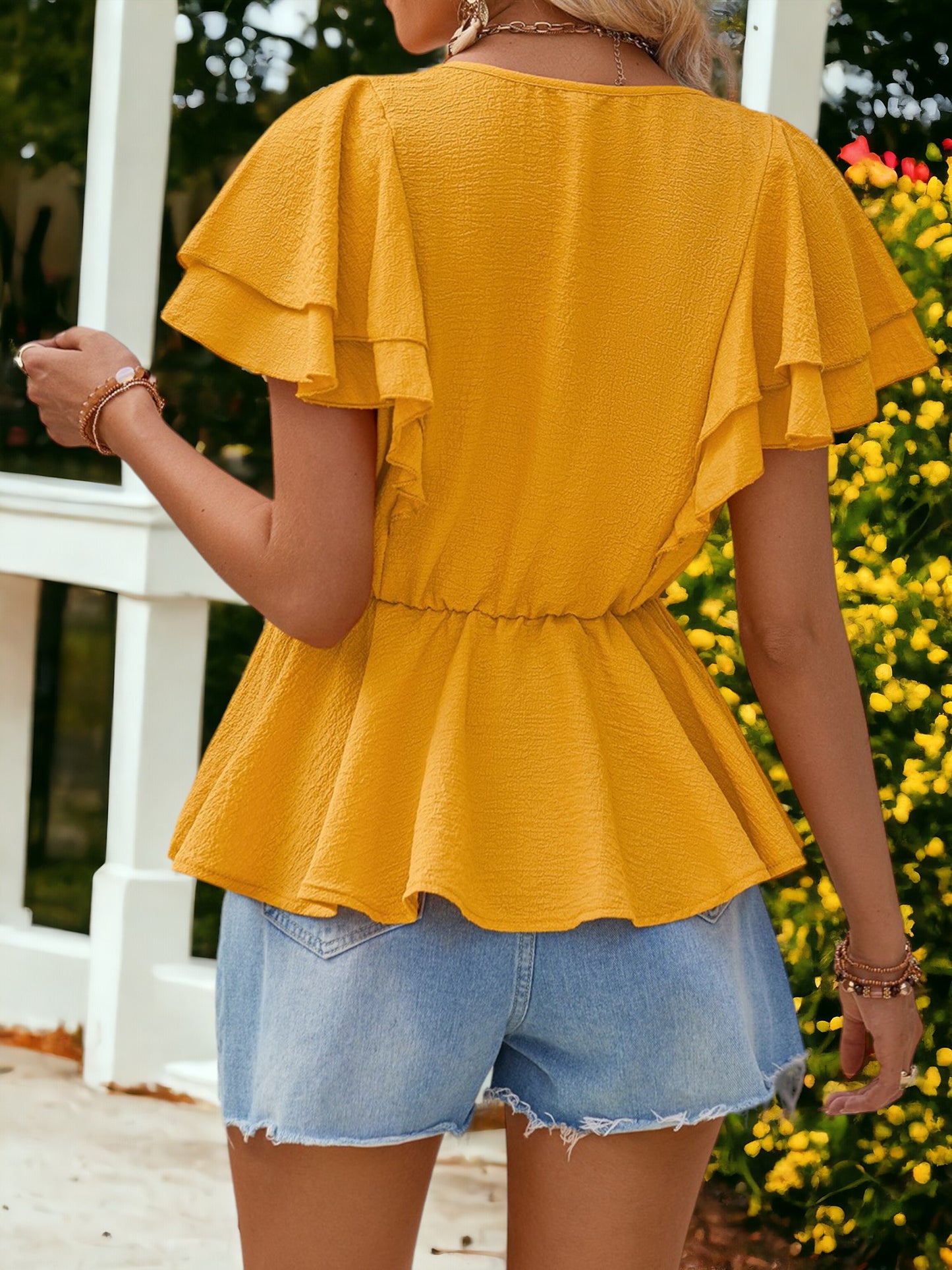 V-Neck Ruffled Short-Sleeved Smocked Waist Top