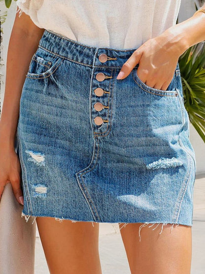 Anna-Kaci Women's Distressed Denim Skirt with Button Front and Frayed Hem