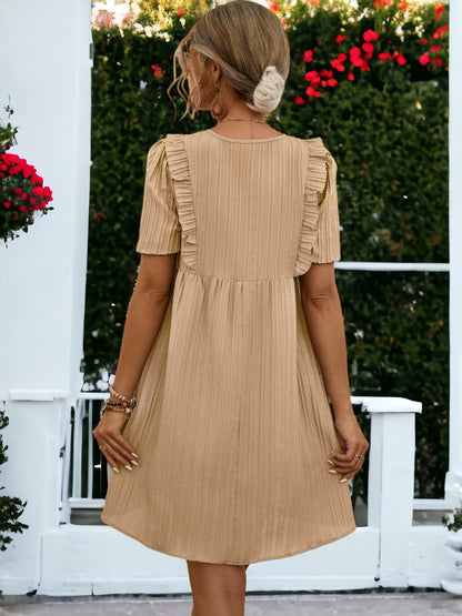 Tie Neck Short Sleeved Pleated Textured Mini Dress