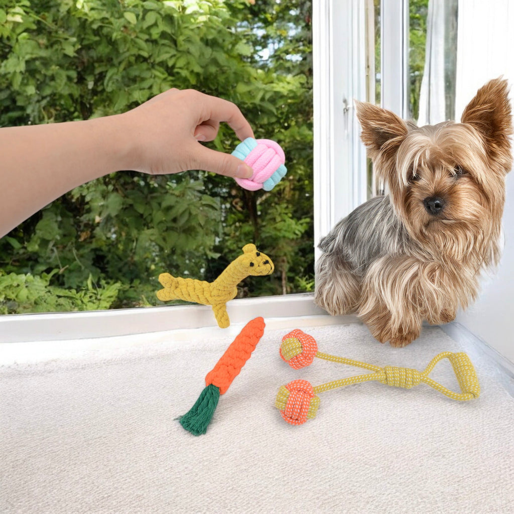 Dog Rope Toy Set Four Durable Chew Toys with Giraffe Carrot and Ball Designs for Small to Medium Dogs, 4 Pack