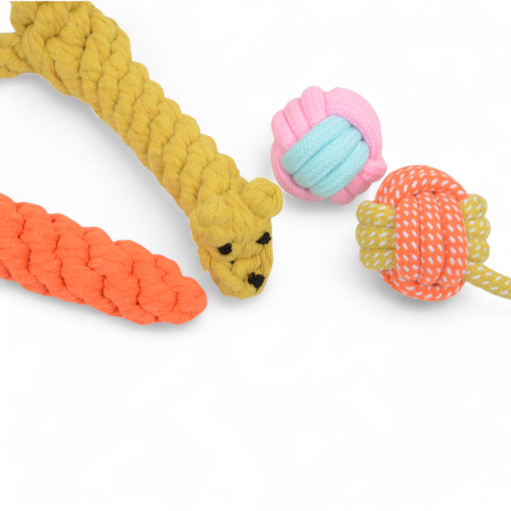 Dog Rope Toy Set Four Durable Chew Toys with Giraffe Carrot and Ball Designs for Small to Medium Dogs, 4 Pack
